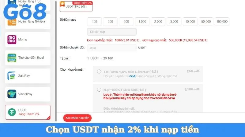 Chọn USDT nhận 2% khi nạp tiền